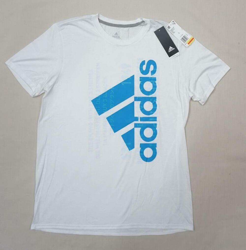 ADIDAS NEW/SMELL MEN L GO TO BOS FLIP WHITE/BLUE LOGO GRAPHIC PRINT T-SHIRT